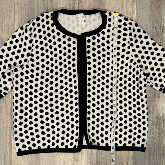 Chicos Black White Polka Dot Open Front Short Sleeve Cardigan Sweater Size 1 M - Picture 2 of 9